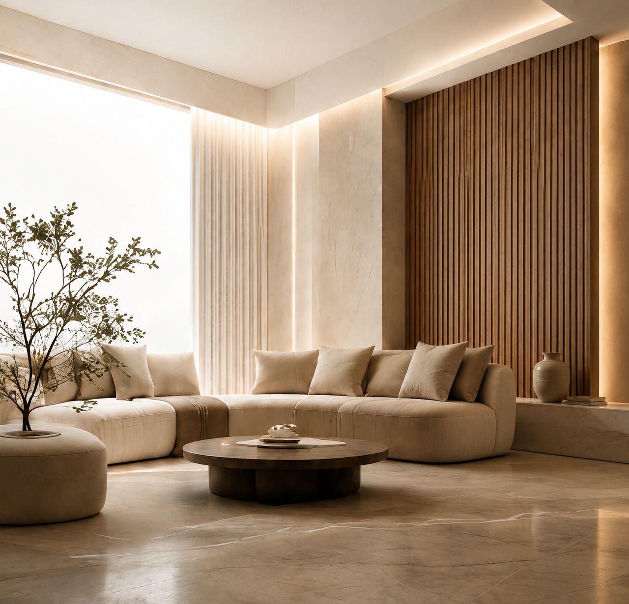 Light-filled living room with warm timber, layered neutral textures and considered lighting